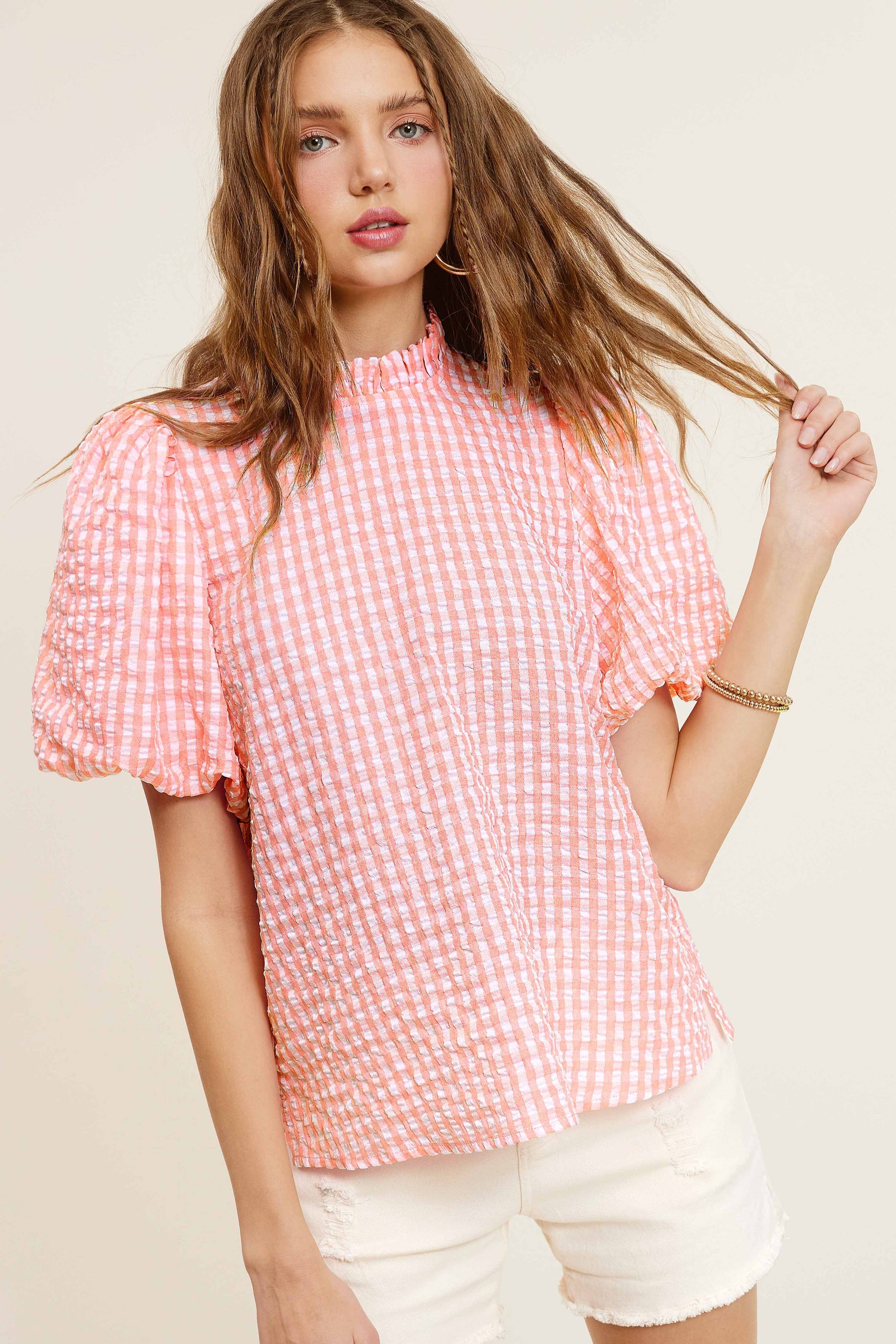 Checkered top in Latte or Peach
